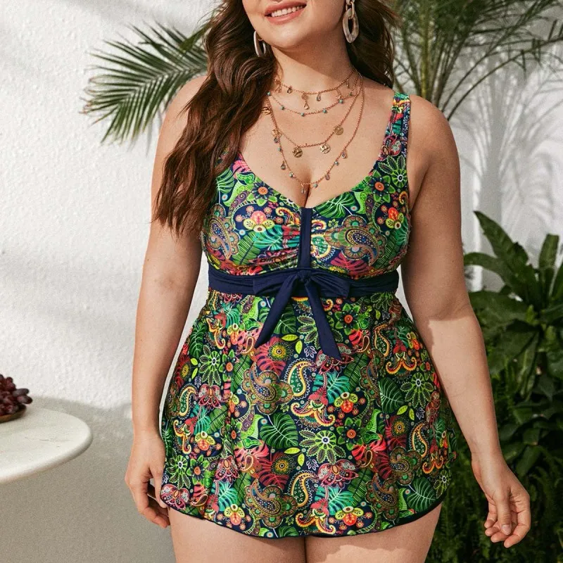 Women Plus Size Tankini Swimsuit Set with Small Tiny Flower Print