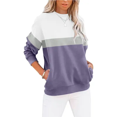 Women Color Block Pullover Sweatshirt Round Neck Long Sleeve
