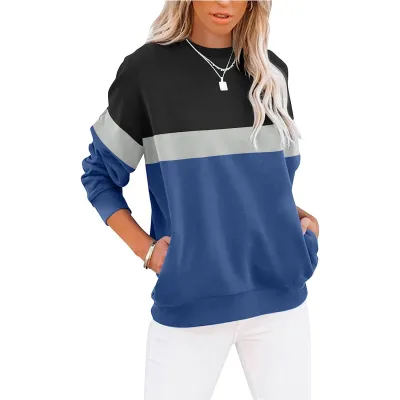 Women Color Block Pullover Sweatshirt Round Neck Long Sleeve