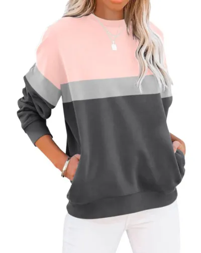 Women Color Block Pullover Sweatshirt Round Neck Long Sleeve