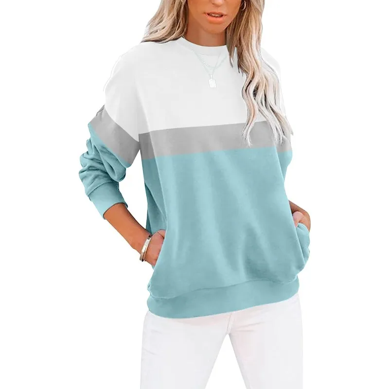 Women Color Block Pullover Sweatshirt Round Neck Long Sleeve