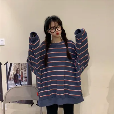 Women's Loose Stripe Pullover Sweatshirt Crewneck Long Sleeve