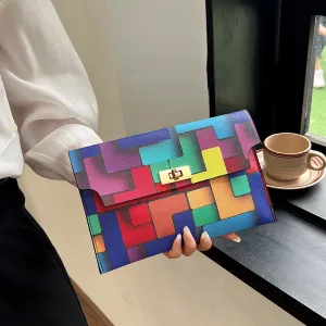 Women Geometric Color Block Flap Lock Rectangular PU Street Trend Purses