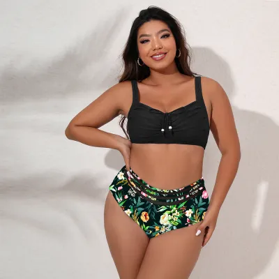 Summer Women Fashion Plus Size Sling Floral Print Swimsuit Set