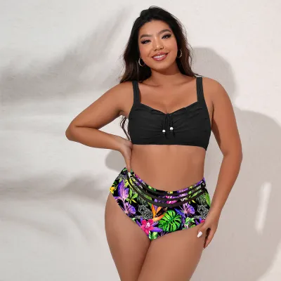 Summer Women Fashion Plus Size Sling Floral Print Swimsuit Set