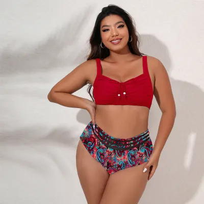 Summer Women Fashion Plus Size Sling Floral Print Swimsuit Set
