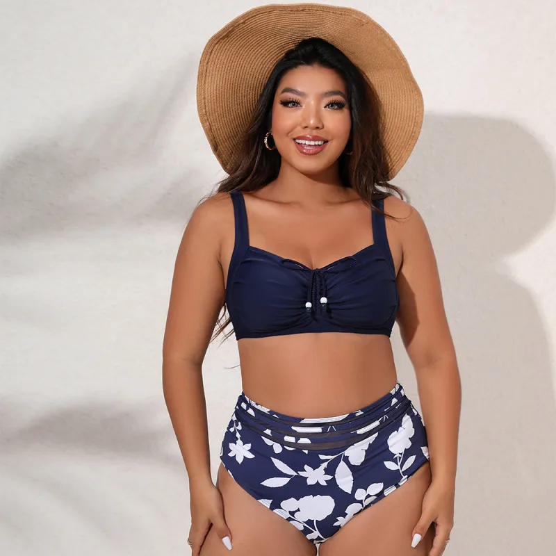 Summer Women Fashion Plus Size Sling Floral Print Swimsuit Set