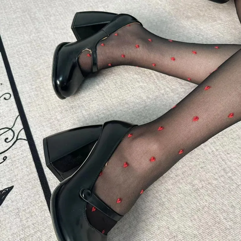 Women Fashion Sexy Red Heart-Shaped Flocked Pantyhose