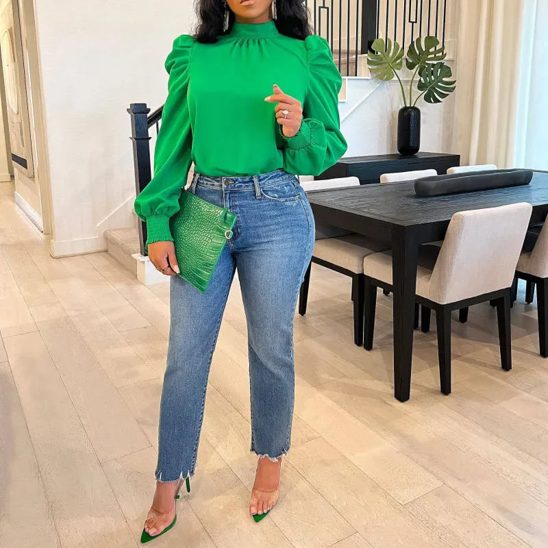 Women Solid Color Puff Sleeve Blouse Stand Collar Pullover