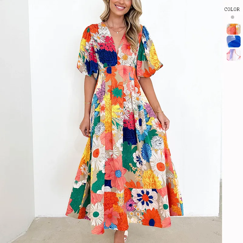Vacation Women Casual Fashion Floral Print Puff Sleeve Maxi Dress