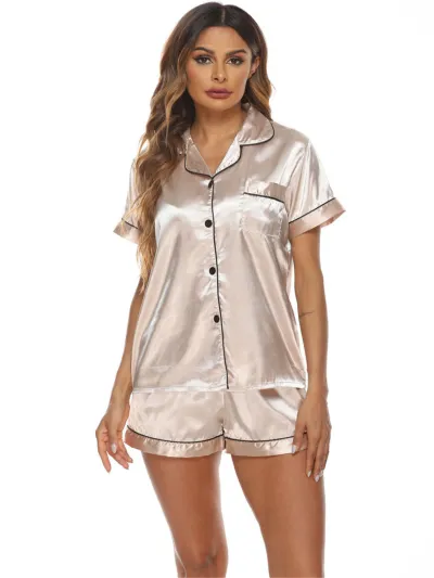 Women's Short Sleeve Lapel Pajamas Set in Simulation Silk