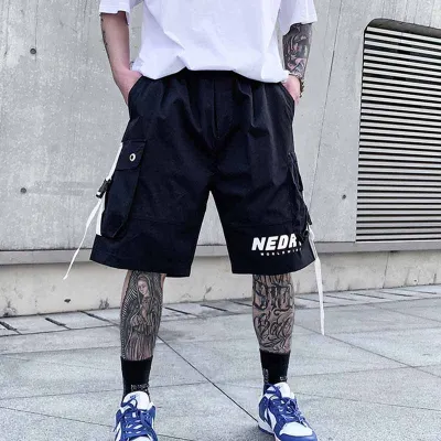 Men Casual Striped Tie Mid Waist Loose Shorts