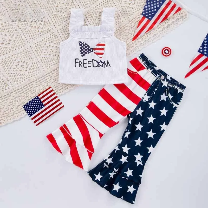 Kids Toddler Girls Cute Party Bow Letter Camisole Flare Trousers Set for Independence Day