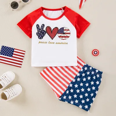 Kids Baby Boys Girls Cute Party Independence Day Stripe Print Short Sleeve T-Shirt Shorts Set