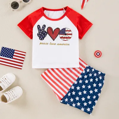 Kids Baby Boys Girls Cute Patriotic Independence Day Stripe Print Short Sleeve T-Shirt Shorts Set