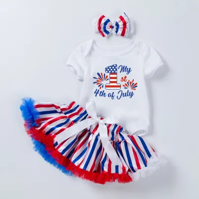 Kids Baby Girls Cute Party Independence Day Bow Print Romper Mesh Skirt Set