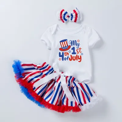 Kids Baby Girls Cute Party Independence Day Bow Print Romper Mesh Skirt Set