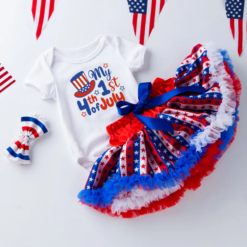 Kids Baby Girls Cute Party Independence Day Bow Print Romper Mesh Skirt Set