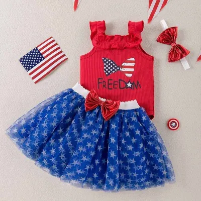 Kids Baby Girls Cute Party Independence Day Bow Print Camisole Mesh Skirt Set