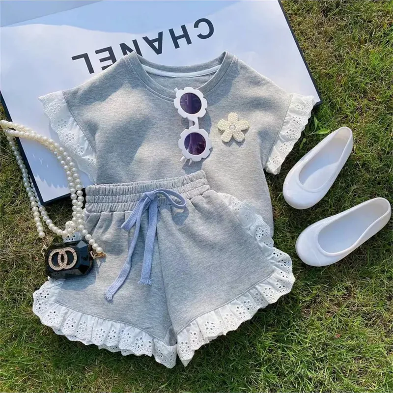 Kids Toddler Girls Casual Cute Lace Solid Color Short Sleeve Top Shorts Set