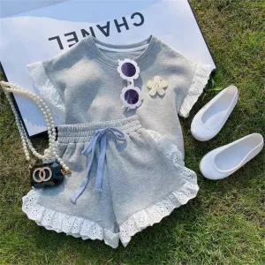 Kids Toddler Girls Casual Cute Lace Solid Color Short Sleeve Top Shorts Set