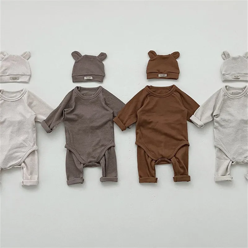 Kids Baby Boys Girls Fall Winter Casual Cute Solid Color Long Sleeve Romper Trousers Two-Piece Set