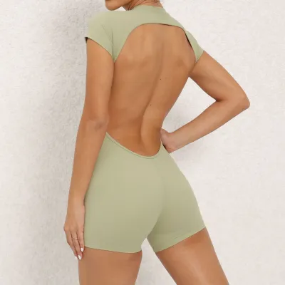 Women Sport Yoga Rompers Backless Defined Waist Solid Color Round Neck Short Sleeve