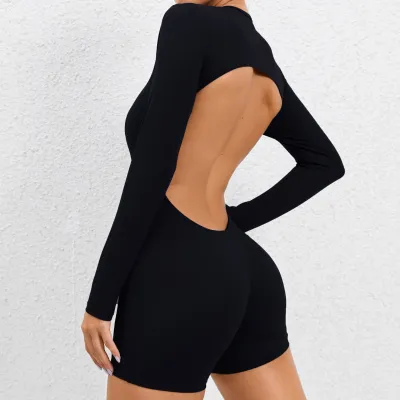 Women Solid Color Round Neck Long Sleeve Backless Yoga Tight Rompers