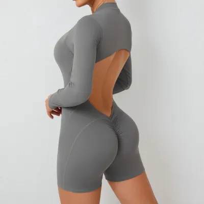 Women Solid Color Backless Yoga Long Sleeve Zipper Romper
