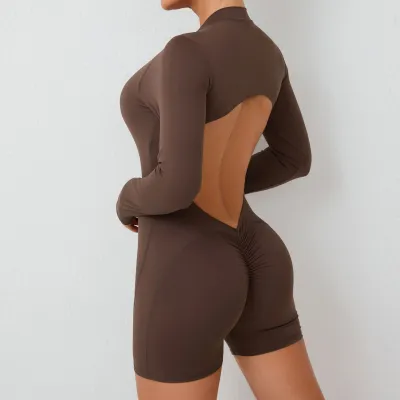 Women Solid Color Backless Yoga Long Sleeve Zipper Romper