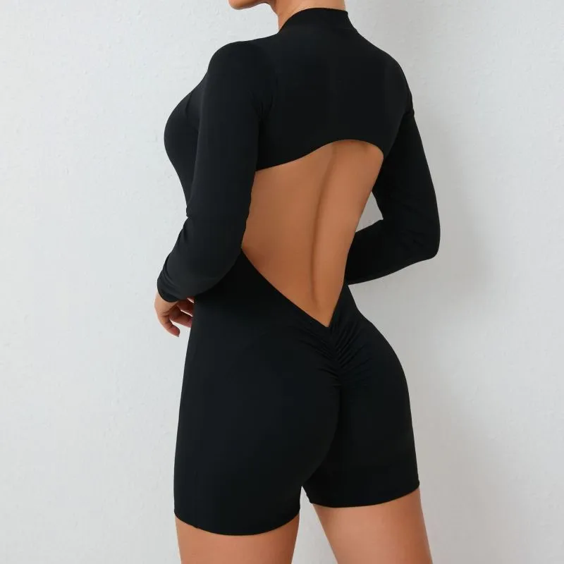 Women Solid Color Backless Yoga Long Sleeve Zipper Romper
