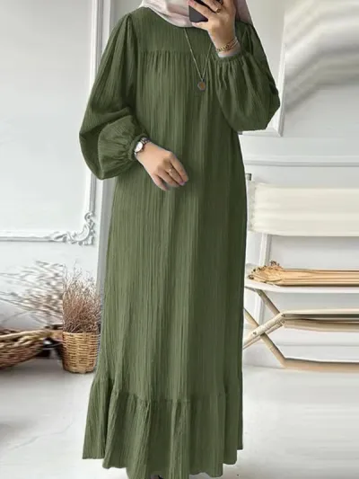 Women Casual Vintage Solid Color Abaya Long Sleeve Maxi Dress