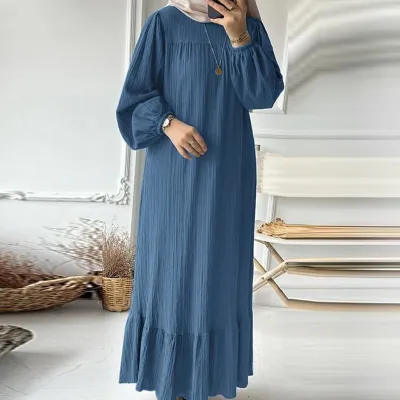 Women Casual Vintage Solid Color Abaya Long Sleeve Maxi Dress