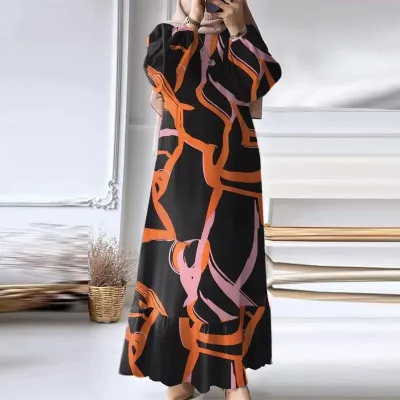 Women Casual Vintage Solid Color Abaya Long Sleeve Maxi Dress