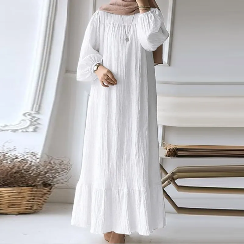 Women Casual Vintage Solid Color Abaya Long Sleeve Maxi Dress