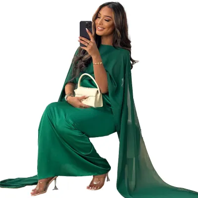 Women Casual Elegant Chiffon Maxi Dress with Shawl Sleeve and High Waist