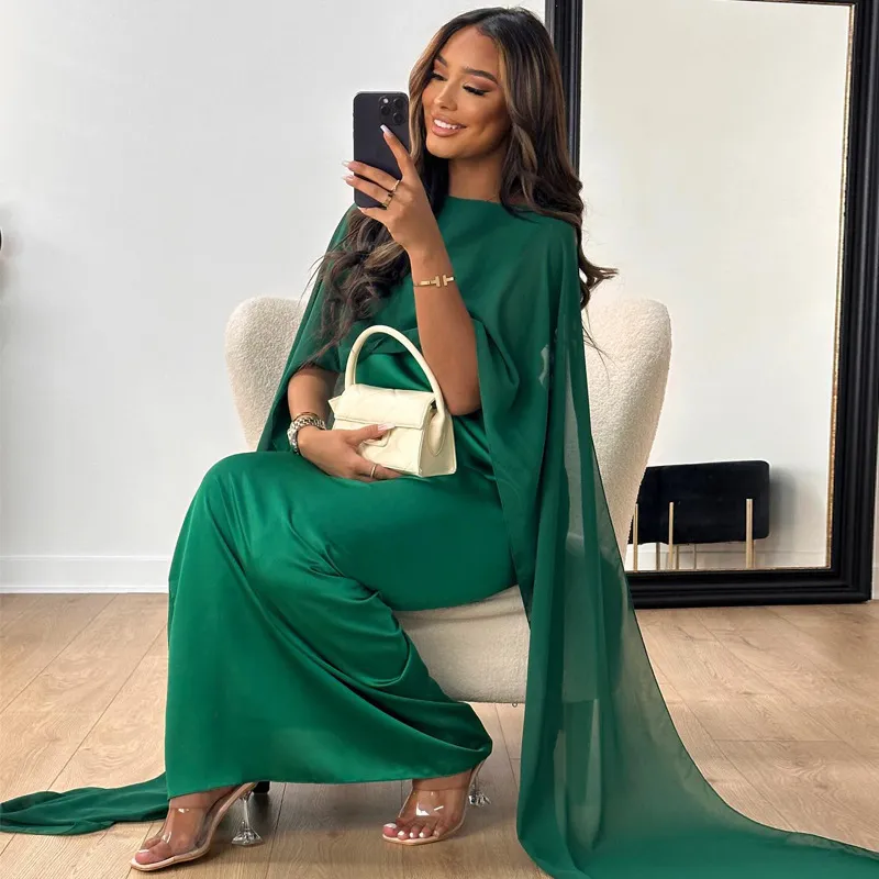 Women Casual Elegant Chiffon Maxi Dress with Shawl Sleeve and High Waist