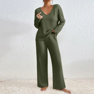 Women Casual Solid Color Long Sleeve V-Neck Knitted Pants Set