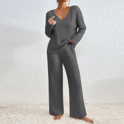 Women Casual Solid Color Long Sleeve V-Neck Knitted Pants Set