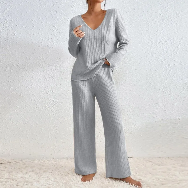 Women Casual Solid Color Long Sleeve V-Neck Knitted Pants Set