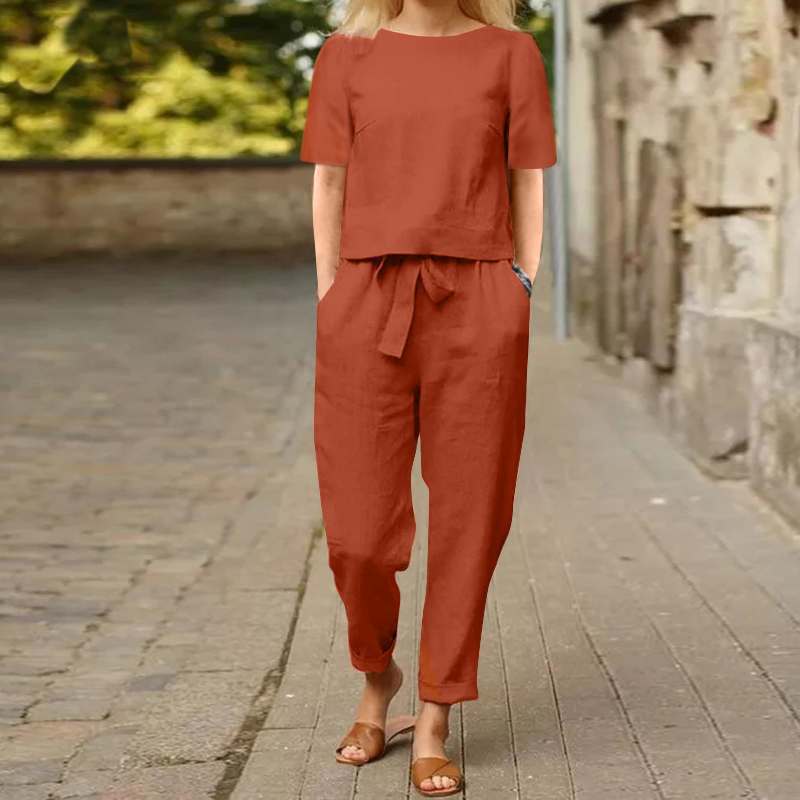 Wholesale Women Casual Solid Color Cotton And Linen Pants Set
