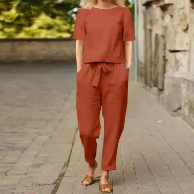 Women Casual Solid Color Cotton And Linen Pants Set