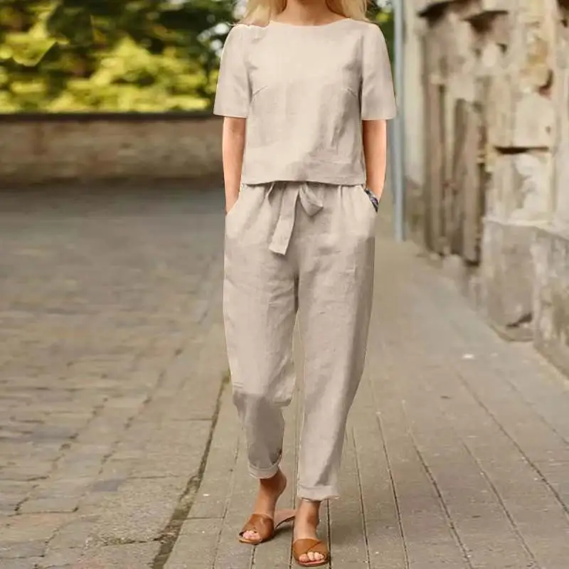 Women Casual Solid Color Cotton And Linen Pants Set