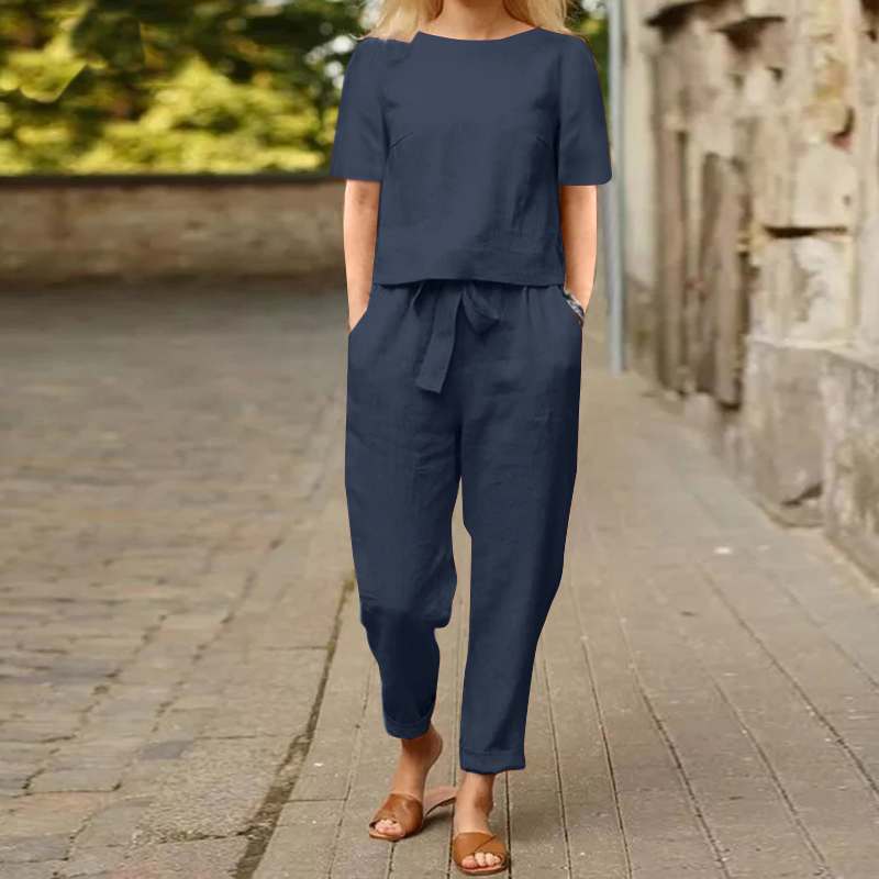 Wholesale Women Casual Solid Color Cotton And Linen Pants Set
