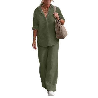 Women Casual Solid Color Wide Leg Pants Set