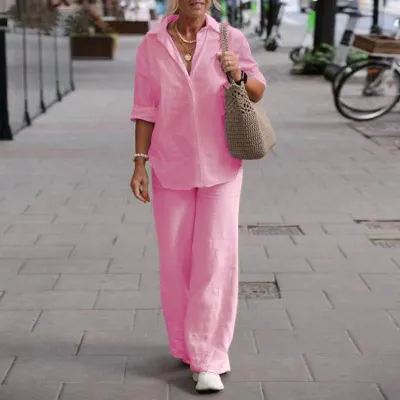 Women Casual Solid Color Wide Leg Pants Set