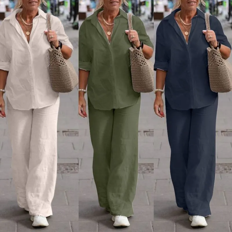 Women Casual Solid Color Wide Leg Pants Set