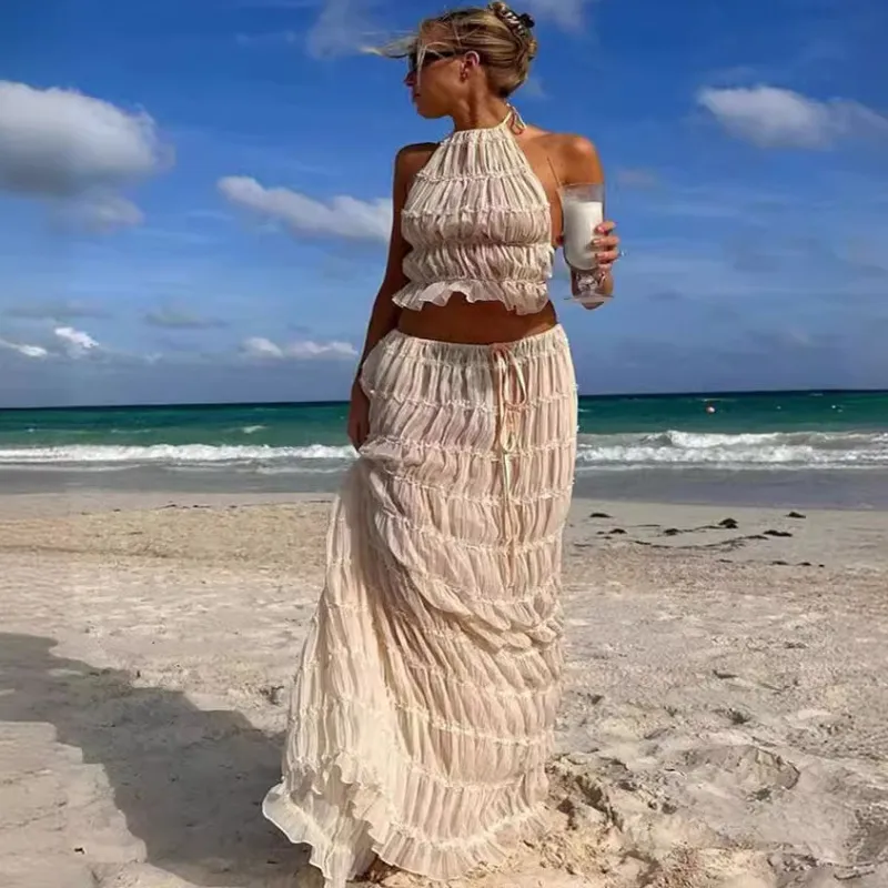 Summer Women Sexy Creased Halter Neck Backless Top Skirt Two-Piece Set