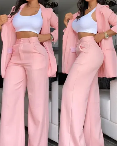 Women's Solid Color Lapel Blazer Coat Wide Leg Pants Set