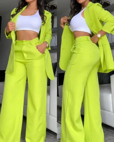 Women's Solid Color Lapel Blazer Coat Wide Leg Pants Set
